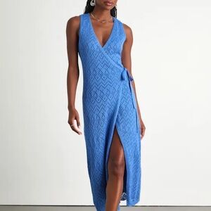 Lulus Blue Pointelle Knit Wrap Dress
